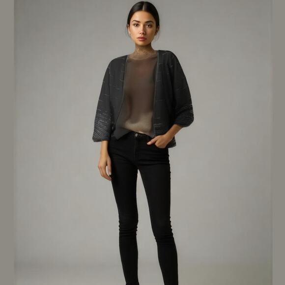 JMD New York Black Beaded Evening Long Sleeve V-Neck Open Front Formal Jacket S - Picture 1 of 8